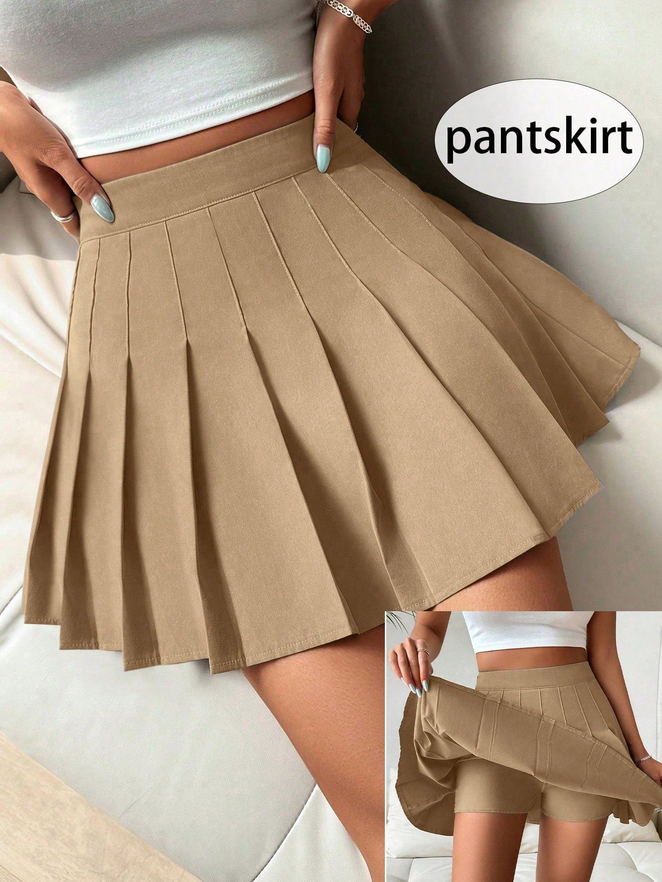 PariChic Women's High Waist Khaki Pleated Skirt Shorts,Summer Casual Collegiate Style Plain Pantskirt For School,Back-To-School Maong Skirts Solid Color