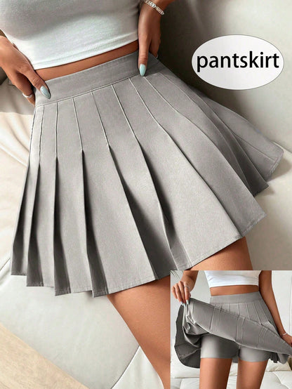 PariChic Women's High Waist Khaki Pleated Skirt Shorts,Summer Casual Collegiate Style Plain Pantskirt For School,Back-To-School Maong Skirts Solid Color