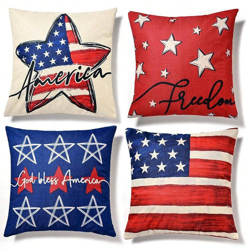 Patriotic Decor-Throw Pillow Covers 18x18 In Set Of 4,4th Of July Linen Pillow Case For Day,Memorial Day,'s Day,USA,American Summer Outdoor Red White Blue Decorations