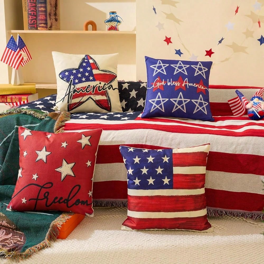 Patriotic Decor-Throw Pillow Covers 18x18 In Set Of 4,4th Of July Linen Pillow Case For Day,Memorial Day,'s Day,USA,American Summer Outdoor Red White Blue Decorations