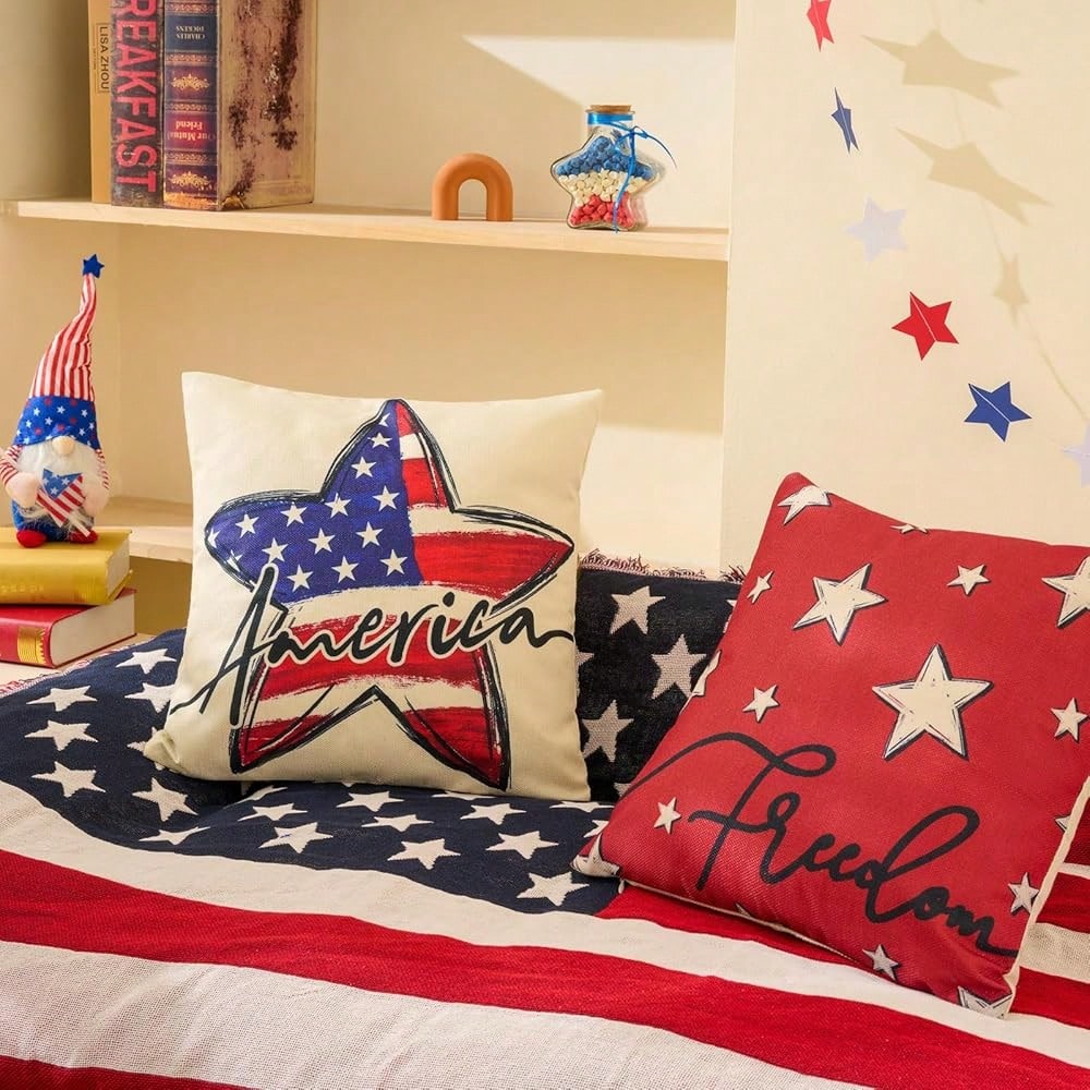 Patriotic Decor-Throw Pillow Covers 18x18 In Set Of 4,4th Of July Linen Pillow Case For Day,Memorial Day,'s Day,USA,American Summer Outdoor Red White Blue Decorations