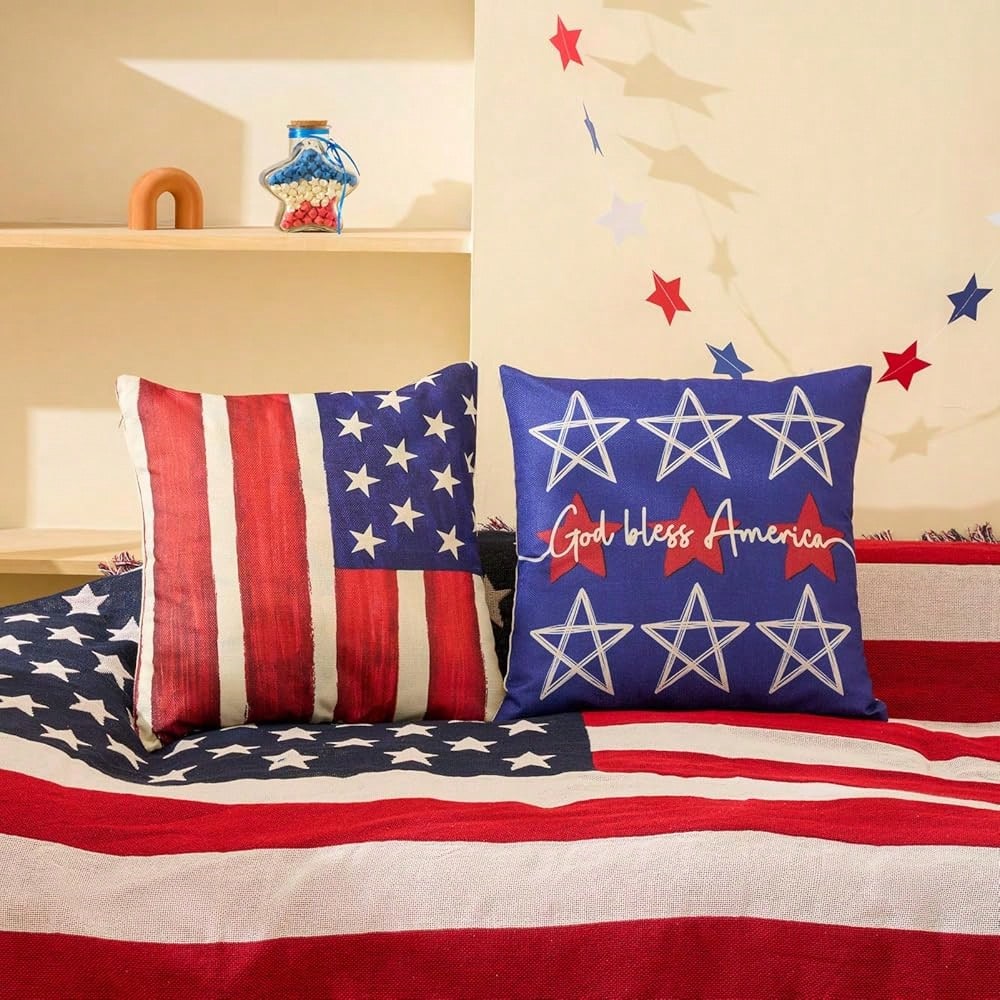 Patriotic Decor-Throw Pillow Covers 18x18 In Set Of 4,4th Of July Linen Pillow Case For Day,Memorial Day,'s Day,USA,American Summer Outdoor Red White Blue Decorations