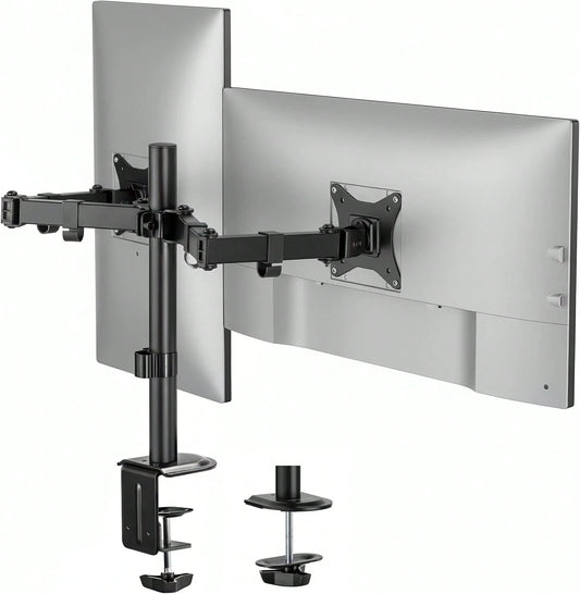 PERLECARE Dual Monitor Desk Mount Heavy-Duty Full Motion Adjustable Stand For Two Screens Up To 32 Inch, Height Tilt Swivel Rotation Adjust, Each Arm Holds Max 17.6 Lbs, Easy Install, Perfect For Home