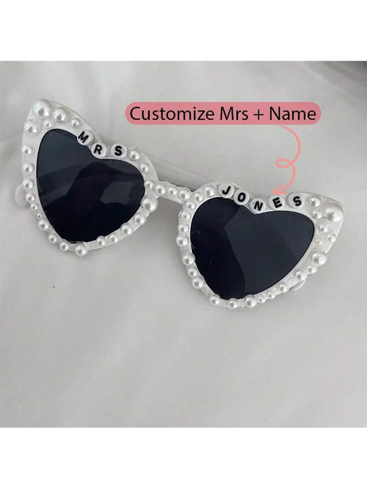 Personalized Custom Mrs + Name White Heart Pearl Fashion Glasses Bridal Shower Wedding Engagement Bachelorette Hen Party Bride Decoration Honeymoon Gift Ideal Gifts For Him, Ideal Gifts For Her