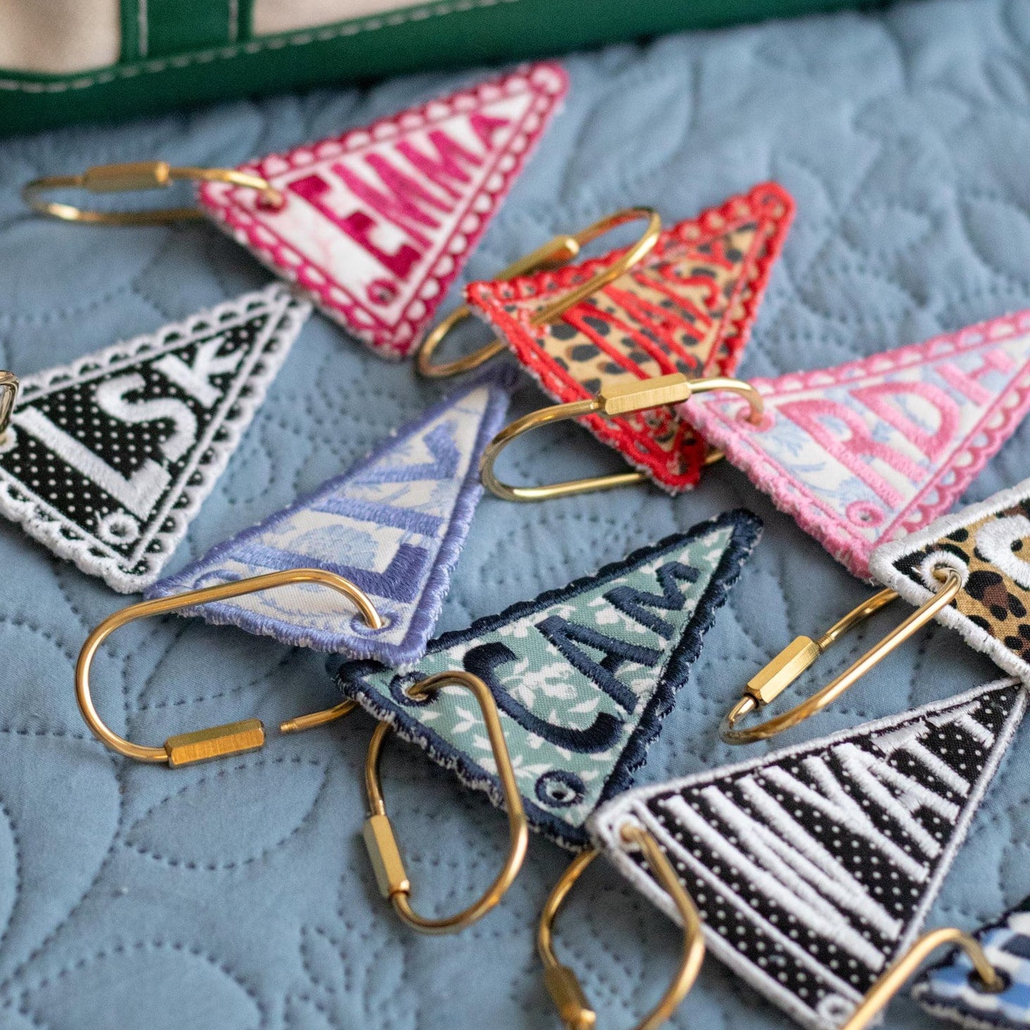 Personalized Triangle Flag Embroidered Bag Charm| Customized Initial Keychain| Gold Carabiner| Heirloom Style Gift| Luggage Tag| Key Ring, Bag Pendant