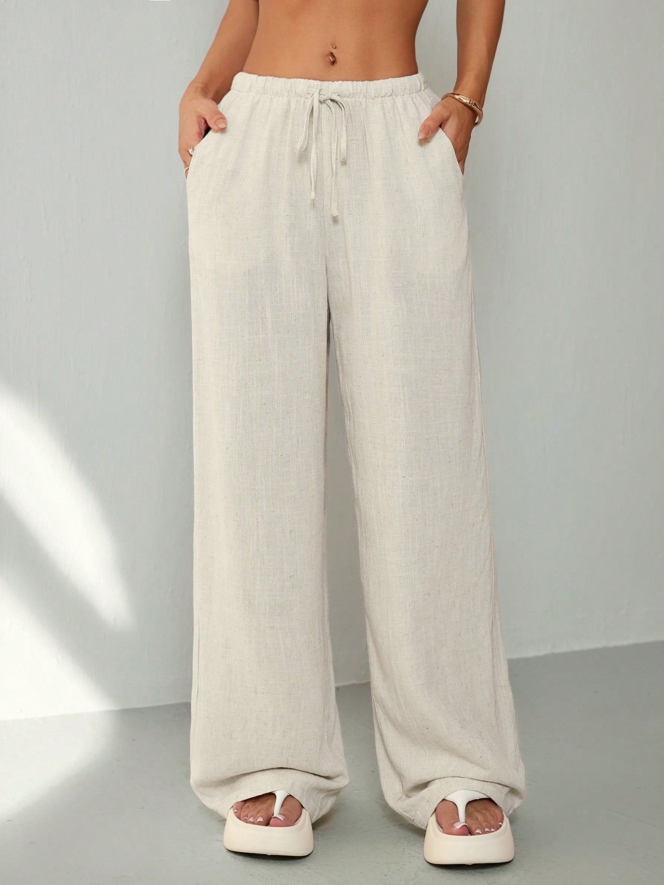 PETITE Casual Versatile Solid Color Straight Leg Pants,Petite Women