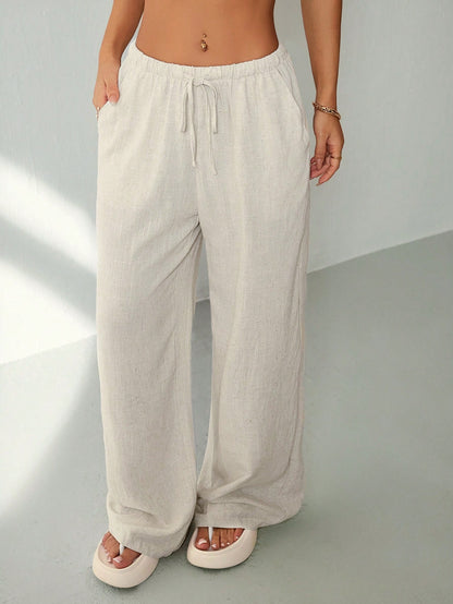 PETITE Casual Versatile Solid Color Straight Leg Pants,Petite Women