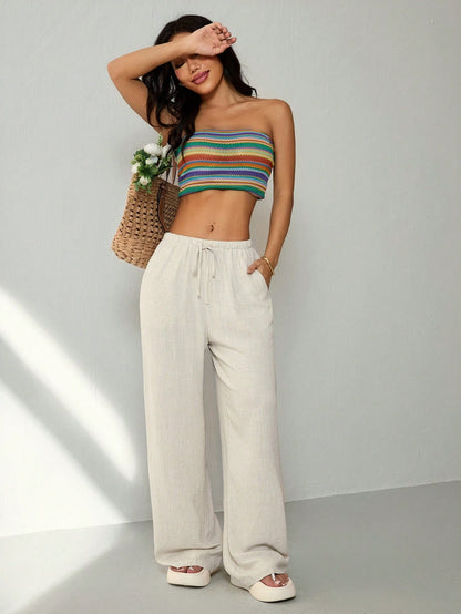 PETITE Casual Versatile Solid Color Straight Leg Pants,Petite Women