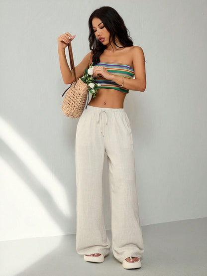 PETITE Casual Versatile Solid Color Straight Leg Pants,Petite Women