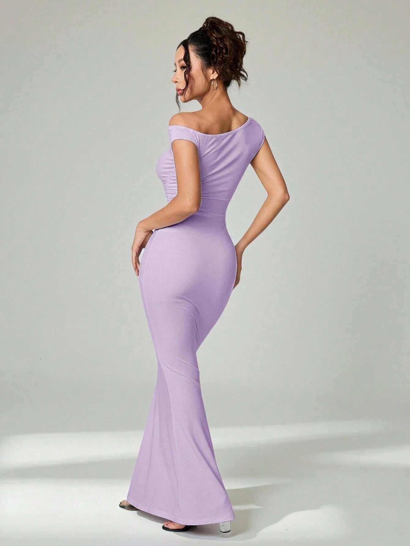 PETITE Elegant,Lavender,Summer Sloping Shoulder Asymmetrical Extra-Long Fishtail Dress,Women's Date Night Party Banquet Outfit Club Clothing,Petite Women