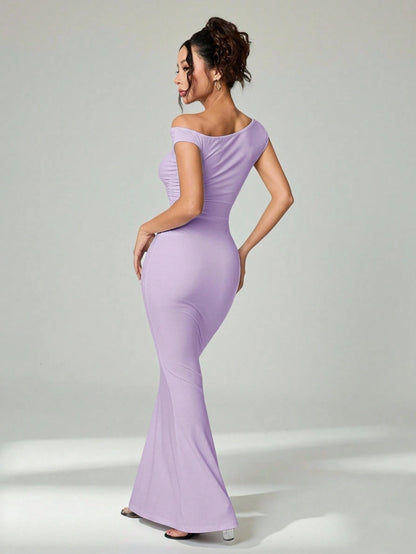 PETITE Elegant,Lavender,Summer Sloping Shoulder Asymmetrical Extra-Long Fishtail Dress,Women's Date Night Party Banquet Outfit Club Clothing,Petite Women