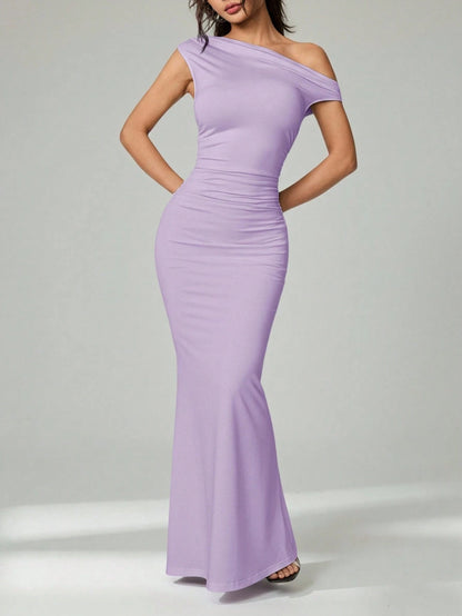PETITE Elegant,Lavender,Summer Sloping Shoulder Asymmetrical Extra-Long Fishtail Dress,Women's Date Night Party Banquet Outfit Club Clothing,Petite Women