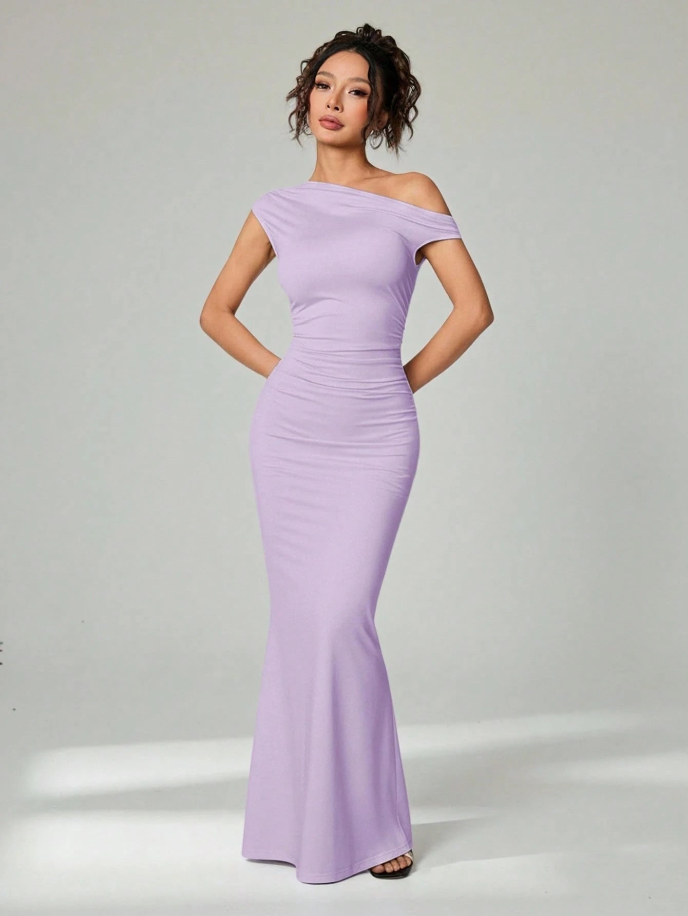 PETITE Elegant,Lavender,Summer Sloping Shoulder Asymmetrical Extra-Long Fishtail Dress,Women's Date Night Party Banquet Outfit Club Clothing,Petite Women