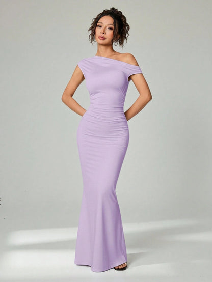 PETITE Elegant,Lavender,Summer Sloping Shoulder Asymmetrical Extra-Long Fishtail Dress,Women's Date Night Party Banquet Outfit Club Clothing,Petite Women