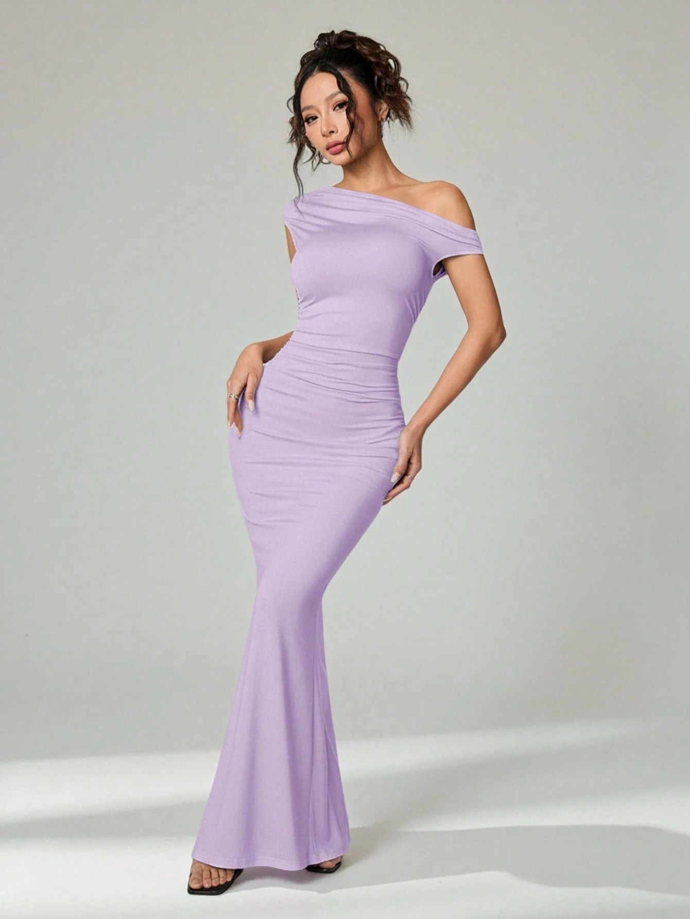 PETITE Elegant,Lavender,Summer Sloping Shoulder Asymmetrical Extra-Long Fishtail Dress,Women's Date Night Party Banquet Outfit Club Clothing,Petite Women
