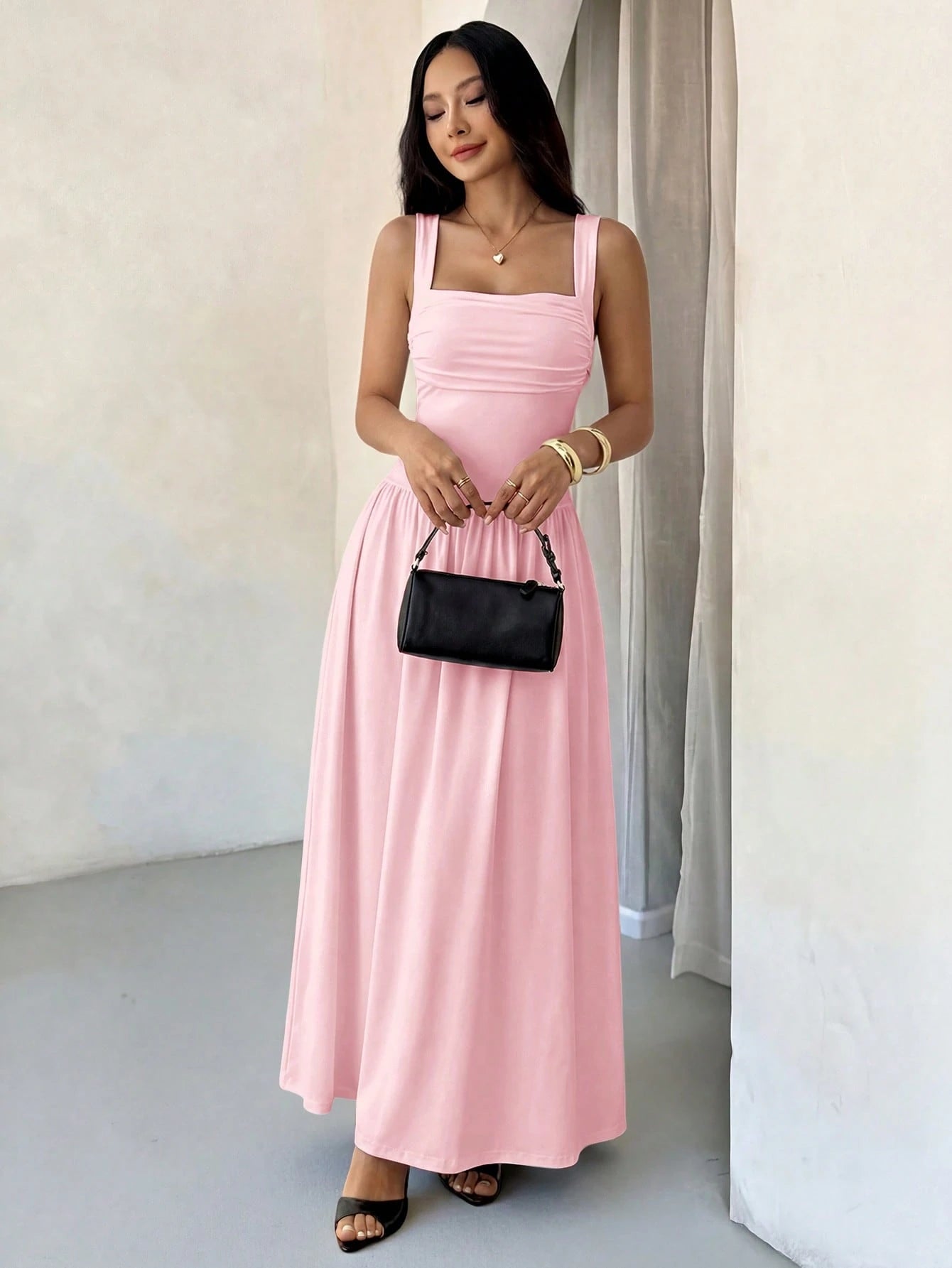 PETITE Women's Elegant Solid Color Brown Coffee Square Collar Flared Dress, Spring/Summer,Pink Dress,Petite Women