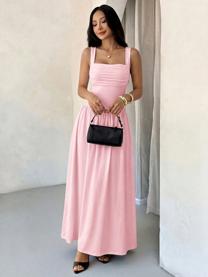 PETITE Women's Elegant Solid Color Brown Coffee Square Collar Flared Dress, Spring/Summer,Pink Dress,Petite Women