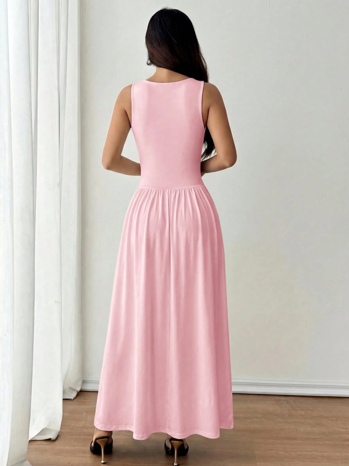PETITE Women's Elegant Solid Color Brown Coffee Square Collar Flared Dress, Spring/Summer,Pink Dress,Petite Women