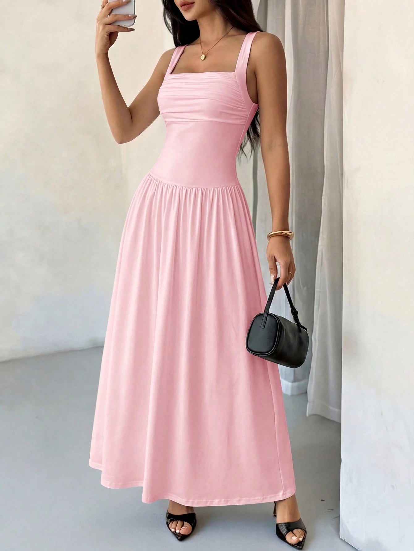 PETITE Women's Elegant Solid Color Brown Coffee Square Collar Flared Dress, Spring/Summer,Pink Dress,Petite Women