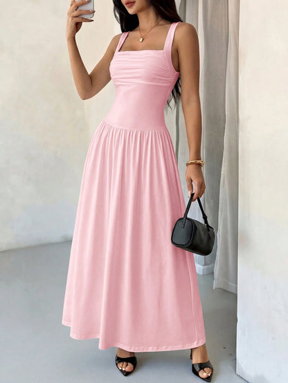 PETITE Women's Elegant Solid Color Brown Coffee Square Collar Flared Dress, Spring/Summer,Pink Dress,Petite Women