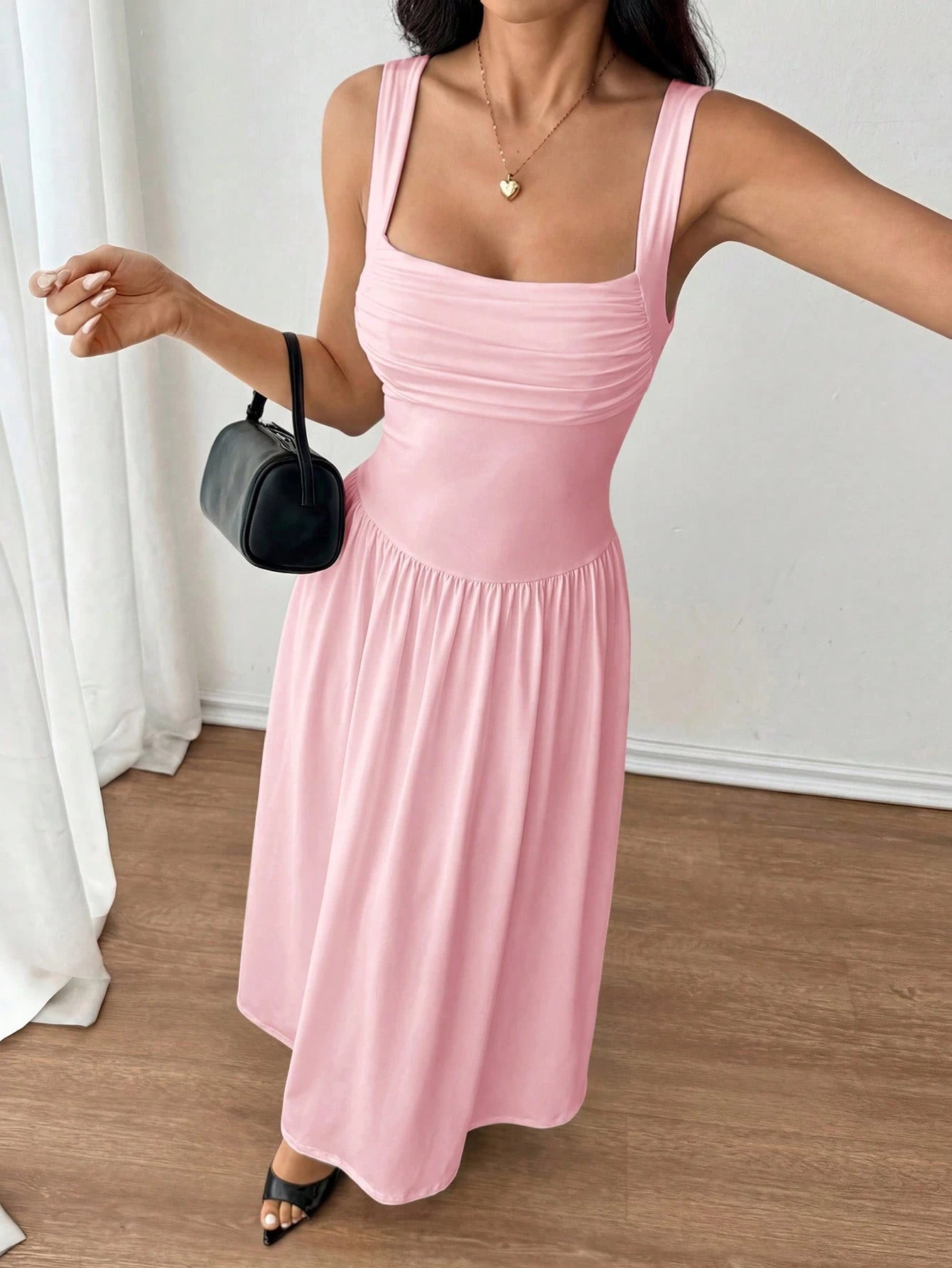 PETITE Women's Elegant Solid Color Brown Coffee Square Collar Flared Dress, Spring/Summer,Pink Dress,Petite Women