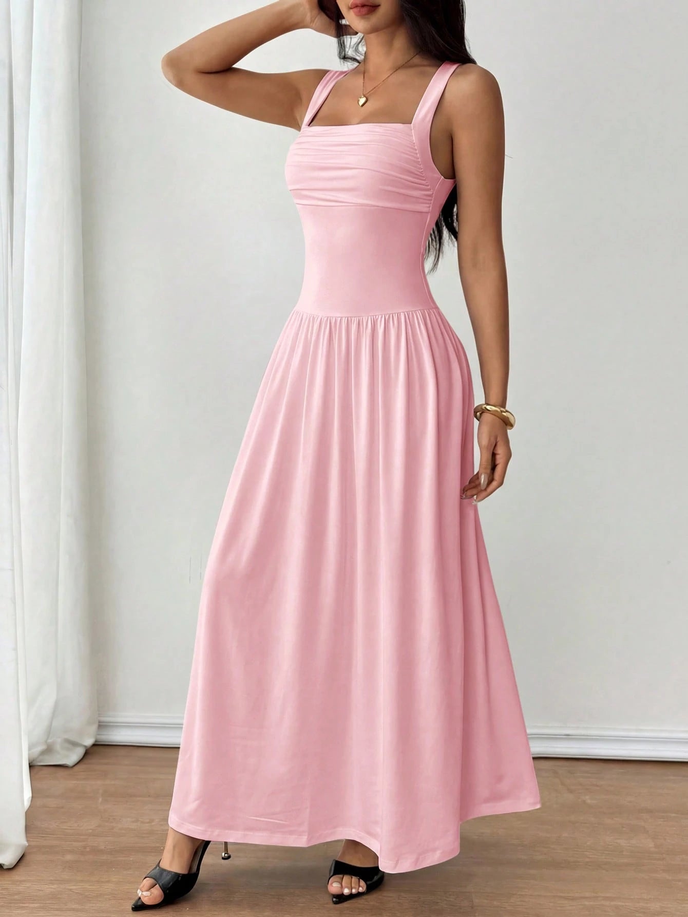 PETITE Women's Elegant Solid Color Brown Coffee Square Collar Flared Dress, Spring/Summer,Pink Dress,Petite Women