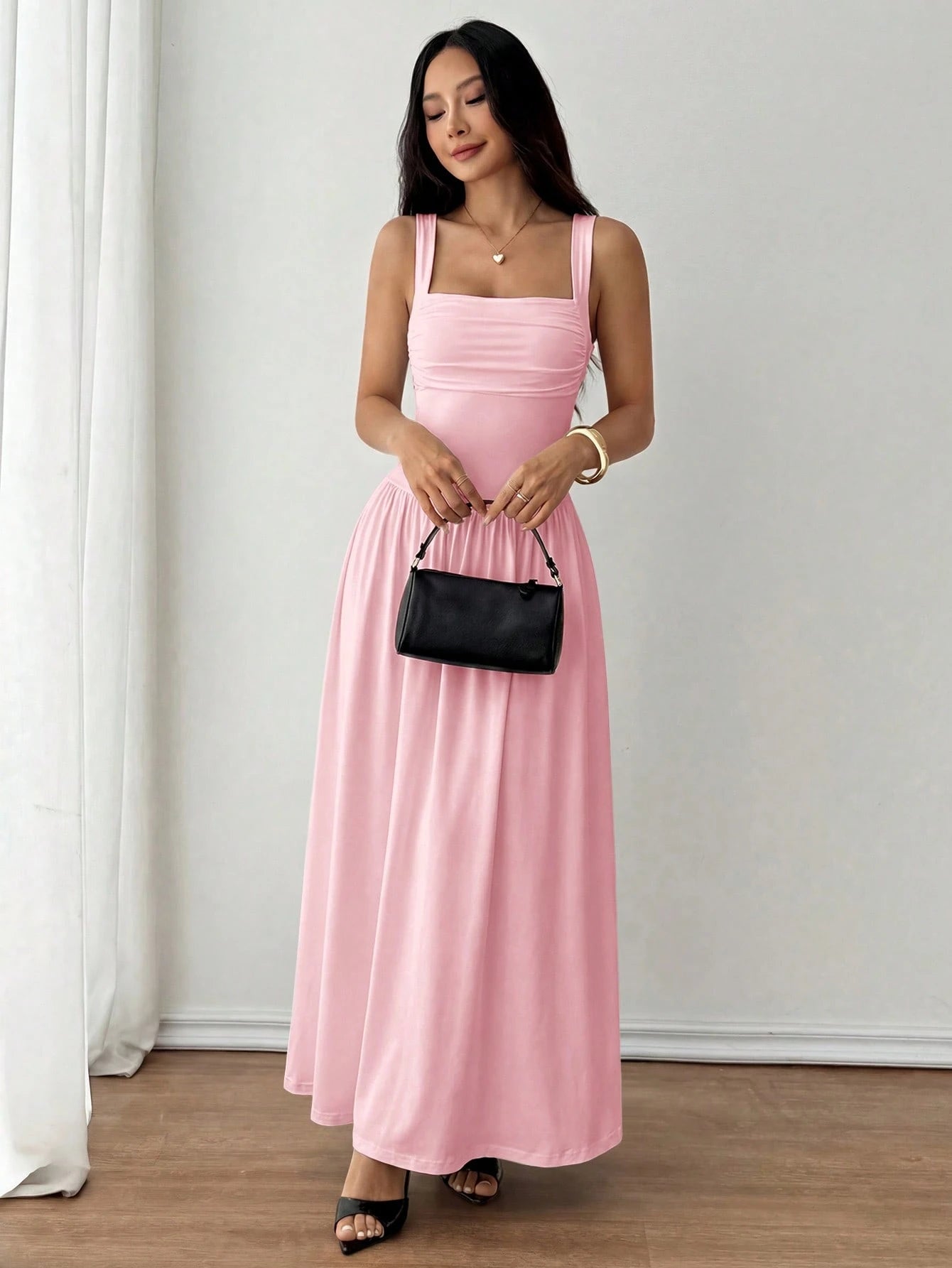 PETITE Women's Elegant Solid Color Brown Coffee Square Collar Flared Dress, Spring/Summer,Pink Dress,Petite Women