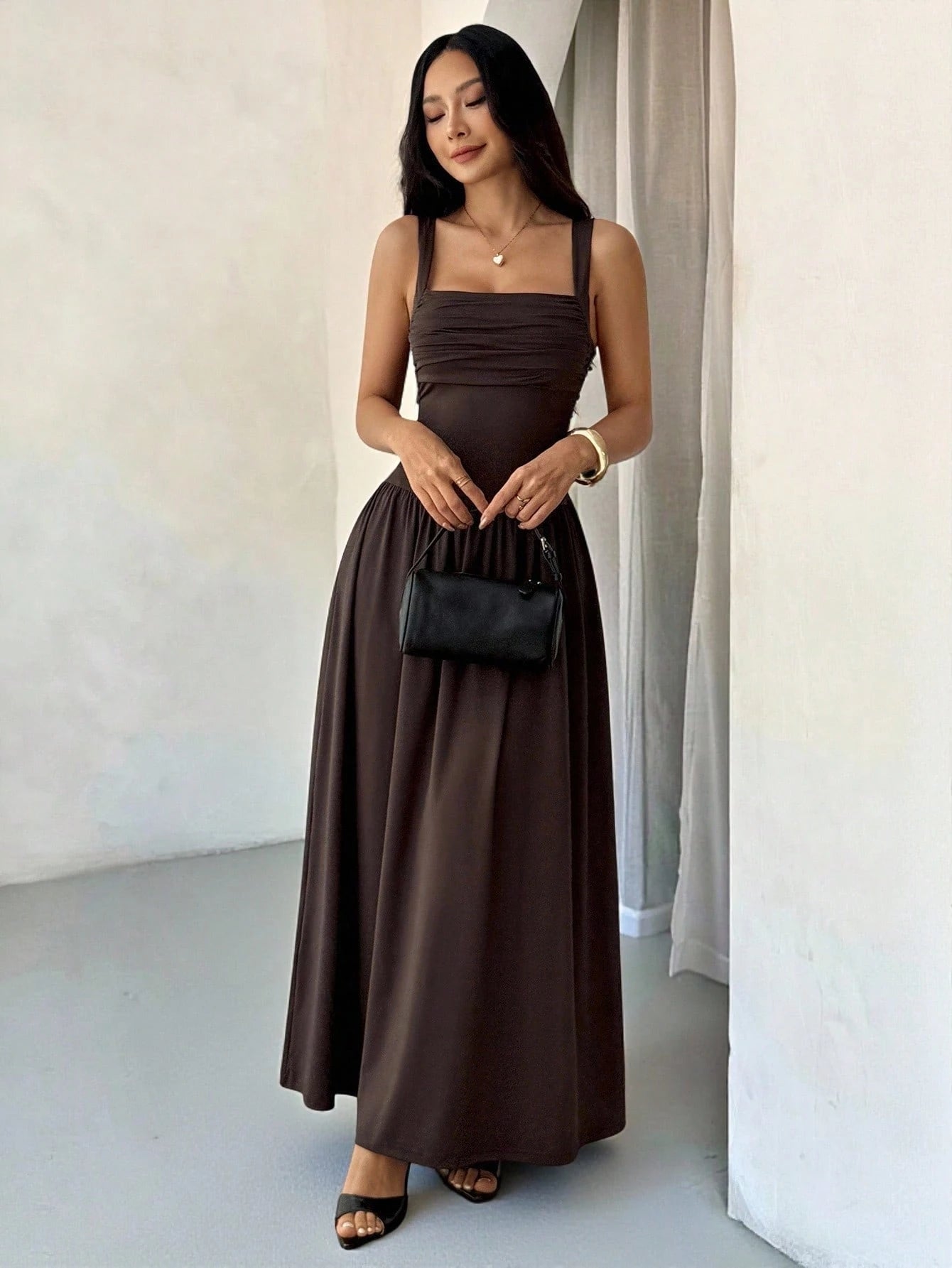PETITE Women's Elegant Solid Color Brown Coffee Square Collar Flared Dress, Spring/Summer,Pink Dress,Petite Women