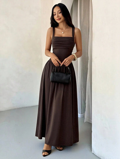 PETITE Women's Elegant Solid Color Brown Coffee Square Collar Flared Dress, Spring/Summer,Pink Dress,Petite Women