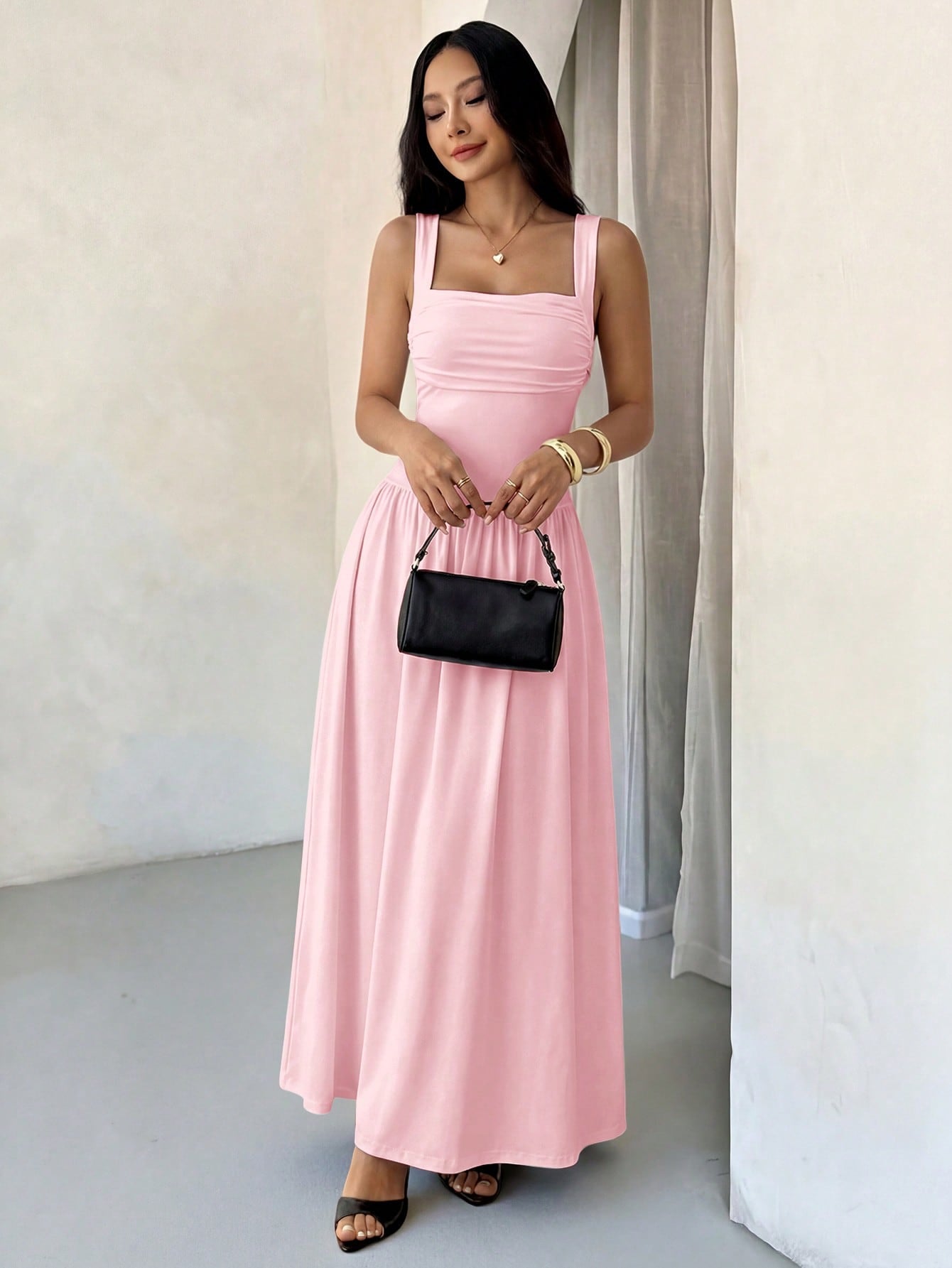 PETITE Women's Elegant Solid Color Brown Coffee Square Collar Flared Dress, Spring/Summer,Pink Dress,Petite Women