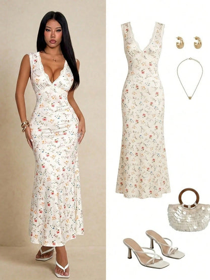 PETITE Women's Floral Lace Patchwork Dress,Dresses For Women Summer,Petite Women Vacation White Floral Sexy