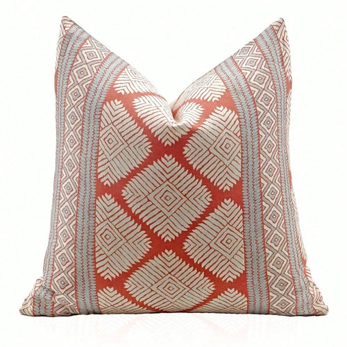 Pillow Cover In Coral And Spa Blue, Designer Lumbar Pillow Cover, Terracotta Diamond Geometric Square Accent Throw Pillow Cover