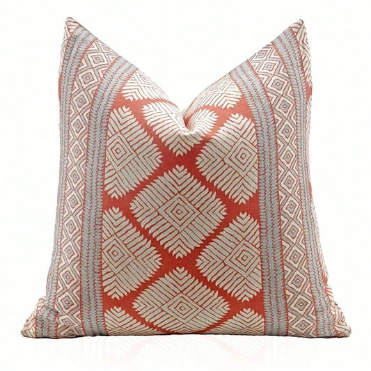 Pillow Cover In Coral And Spa Blue, Designer Lumbar Pillow Cover, Terracotta Diamond Geometric Square Accent Throw Pillow Cover