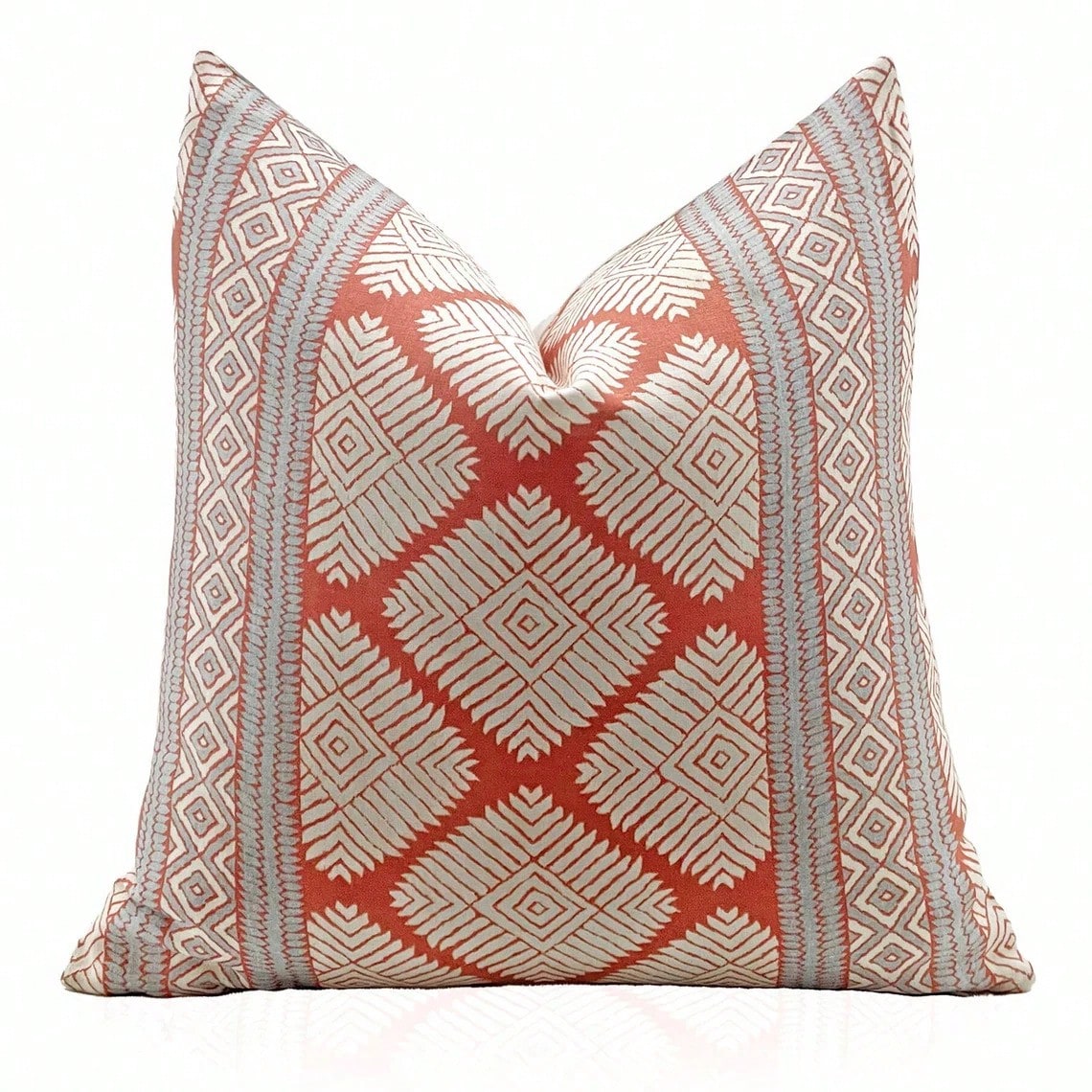 Pillow Cover In Coral And Spa Blue, Designer Lumbar Pillow Cover, Terracotta Diamond Geometric Square Accent Throw Pillow Cover