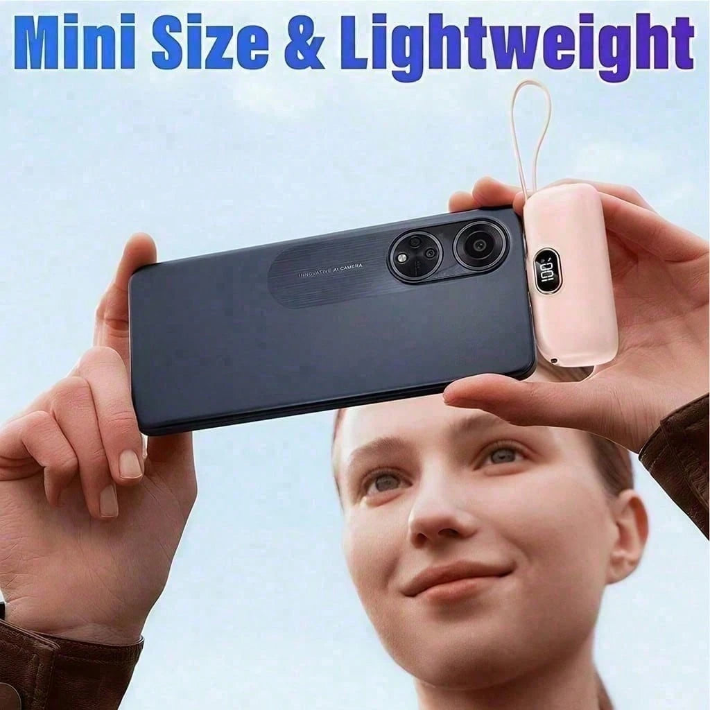 Pink 5000mAh Mini Power Bank With Lightning Plug, Built-In USB-C Cable And 22.5W Fast Charging, With Digital Remaining-Power Display, Capsule-Style Case And Attached Lanyard For Portable Use, Designed