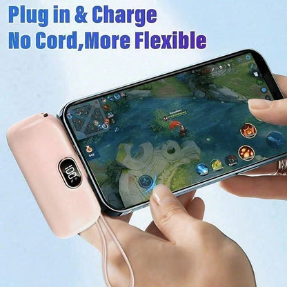 Pink 5000mAh Mini Power Bank With Lightning Plug, Built-In USB-C Cable And 22.5W Fast Charging, With Digital Remaining-Power Display, Capsule-Style Case And Attached Lanyard For Portable Use, Designed