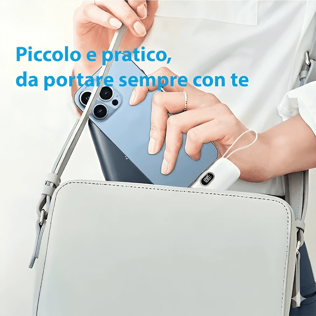 Pink 5000mAh Mini Power Bank With Lightning Plug, Built-In USB-C Cable And 22.5W Fast Charging, With Digital Remaining-Power Display, Capsule-Style Case And Attached Lanyard For Portable Use, Designed