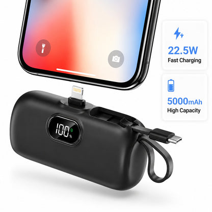Pink 5000mAh Mini Power Bank With Lightning Plug, Built-In USB-C Cable And 22.5W Fast Charging, With Digital Remaining-Power Display, Capsule-Style Case And Attached Lanyard For Portable Use, Designed