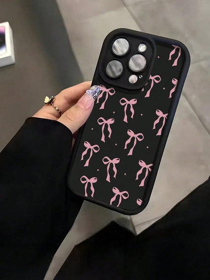 Pink Black Bow Tie Element Fashion Shockproof Phone Case 1pc Black With Pink Bow Tie Print Phone Case, Compatible With IPhone17/17Air/17pro/17promax/16/15/14/13/12/11/X/XR/XS/8/7, Compatible With S26