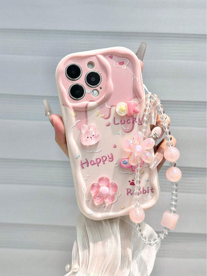 Pink Bunny Element Novelty Cases 3D Rabbit Flower Bead Chain Compatible With Apple Daisy Teddy Bear Cartoon Bear Holographic Floral Chain Swirl Print Protective Compatible With IPhone 15, 15 Pro Max