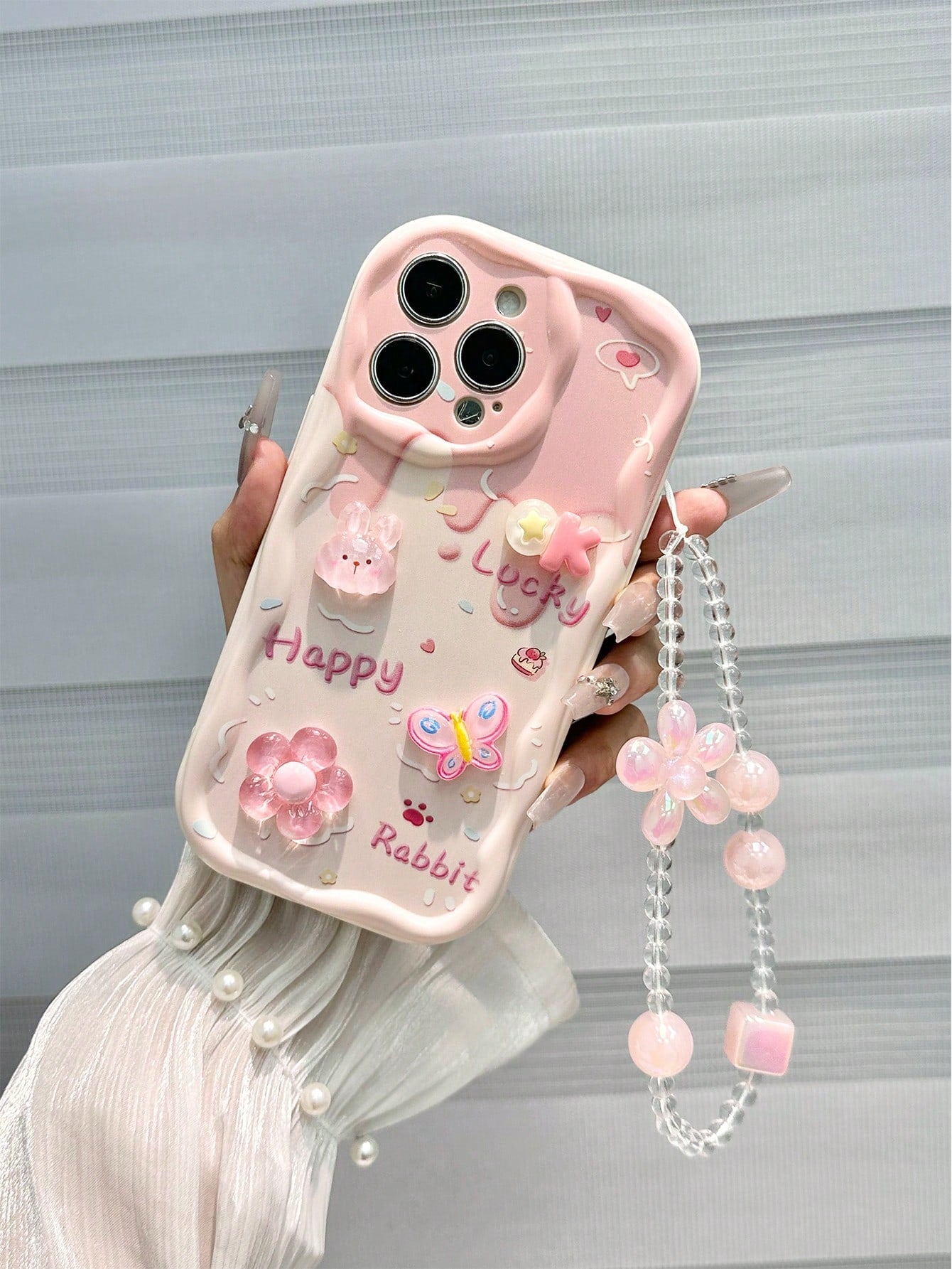 Pink Bunny Element Novelty Cases 3D Rabbit Flower Bead Chain Compatible With Apple Daisy Teddy Bear Cartoon Bear Holographic Floral Chain Swirl Print Protective Compatible With IPhone 15, 15 Pro Max