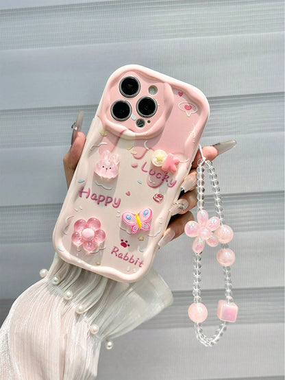 Pink Bunny Element Novelty Cases 3D Rabbit Flower Bead Chain Compatible With Apple Daisy Teddy Bear Cartoon Bear Holographic Floral Chain Swirl Print Protective Compatible With IPhone 15, 15 Pro Max