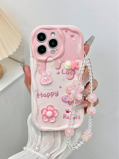 Pink Bunny Element Novelty Cases 3D Rabbit Flower Bead Chain Compatible With Apple Daisy Teddy Bear Cartoon Bear Holographic Floral Chain Swirl Print Protective Compatible With IPhone 15, 15 Pro Max