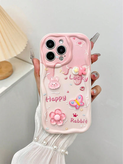 Pink Bunny Element Novelty Cases 3D Rabbit Flower Bead Chain Compatible With Apple Daisy Teddy Bear Cartoon Bear Holographic Floral Chain Swirl Print Protective Compatible With IPhone 15, 15 Pro Max