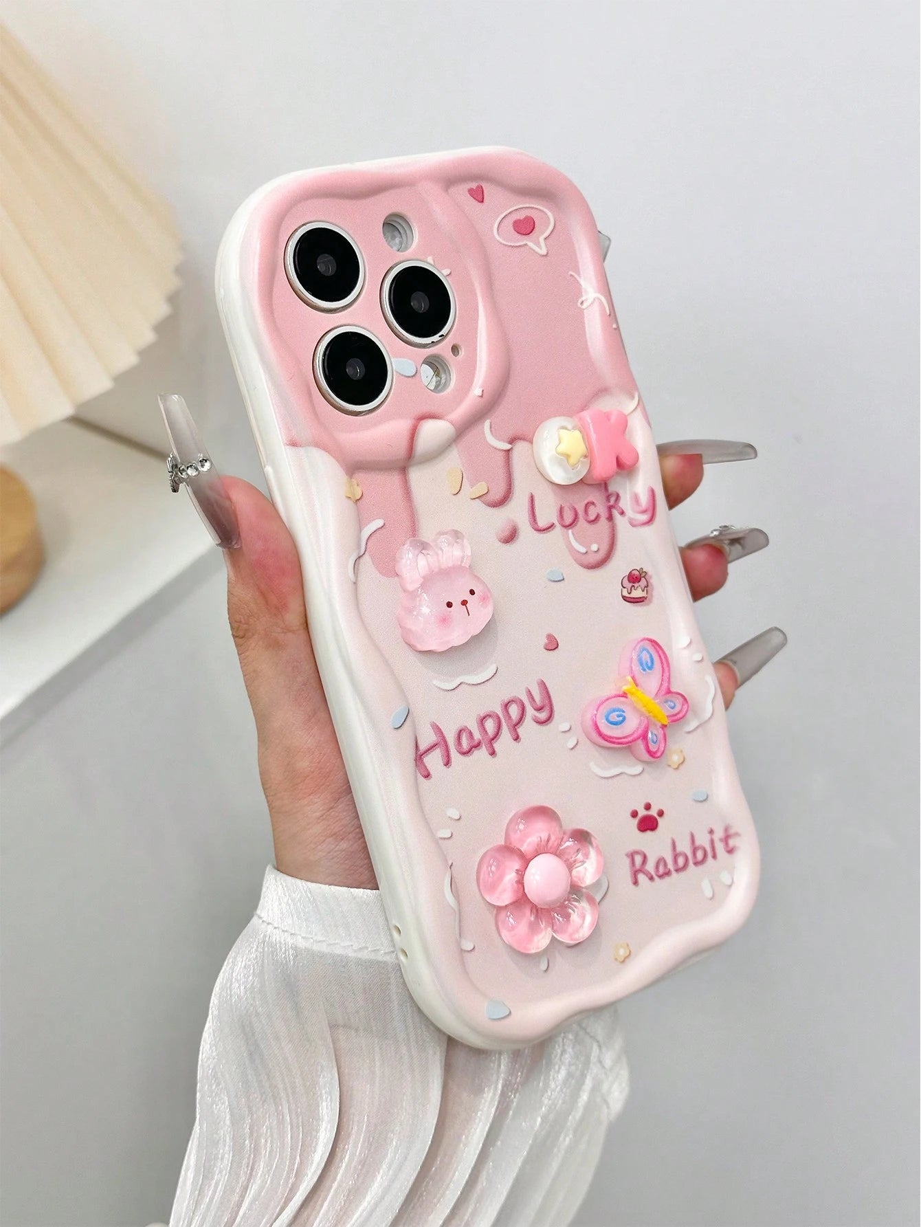 Pink Bunny Element Novelty Cases 3D Rabbit Flower Bead Chain Compatible With Apple Daisy Teddy Bear Cartoon Bear Holographic Floral Chain Swirl Print Protective Compatible With IPhone 15, 15 Pro Max
