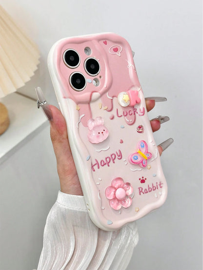 Pink Bunny Element Novelty Cases 3D Rabbit Flower Bead Chain Compatible With Apple Daisy Teddy Bear Cartoon Bear Holographic Floral Chain Swirl Print Protective Compatible With IPhone 15, 15 Pro Max