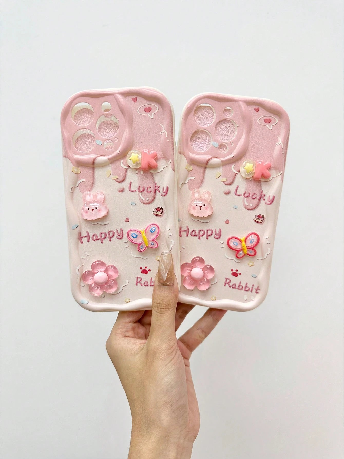 Pink Bunny Element Novelty Cases 3D Rabbit Flower Bead Chain Compatible With Apple Daisy Teddy Bear Cartoon Bear Holographic Floral Chain Swirl Print Protective Compatible With IPhone 15, 15 Pro Max