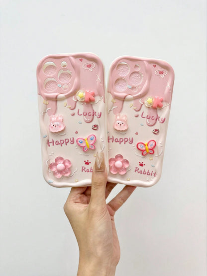 Pink Bunny Element Novelty Cases 3D Rabbit Flower Bead Chain Compatible With Apple Daisy Teddy Bear Cartoon Bear Holographic Floral Chain Swirl Print Protective Compatible With IPhone 15, 15 Pro Max