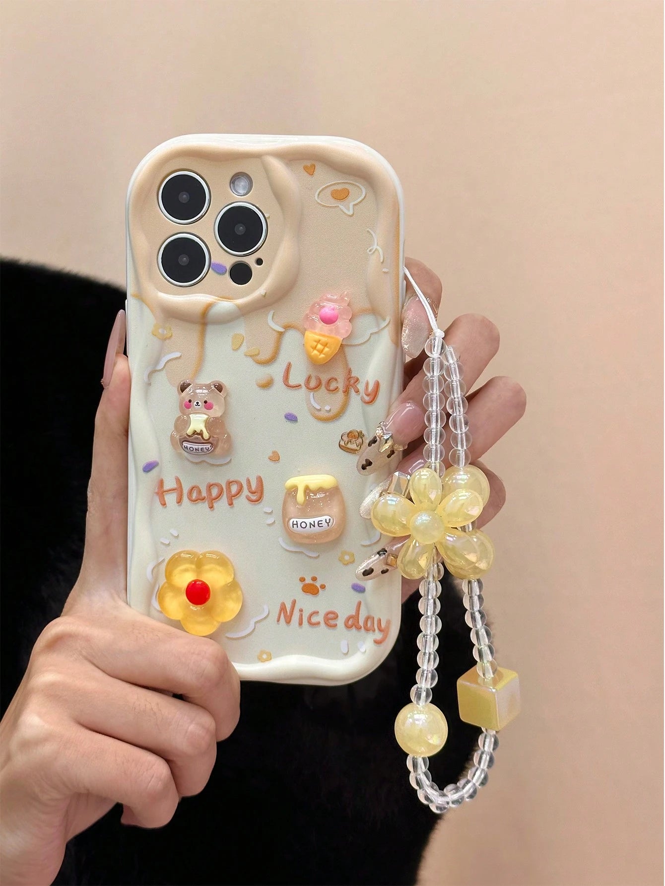 Pink Bunny Element Novelty Cases 3D Rabbit Flower Bead Chain Compatible With Apple Daisy Teddy Bear Cartoon Bear Holographic Floral Chain Swirl Print Protective Compatible With IPhone 15, 15 Pro Max