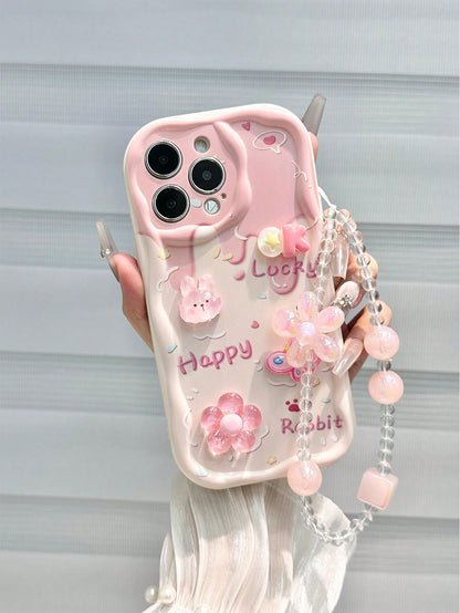 Pink Bunny Element Novelty Cases 3D Rabbit Flower Bead Chain Compatible With Apple Daisy Teddy Bear Cartoon Bear Holographic Floral Chain Swirl Print Protective Compatible With IPhone 15, 15 Pro Max